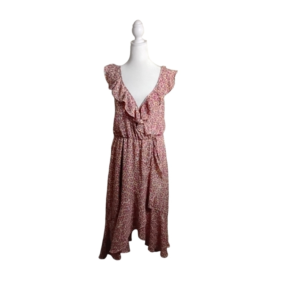 Socialite Women's Pink Green Ruffle Floral Print Faux Wrap Midi Dress Si…
